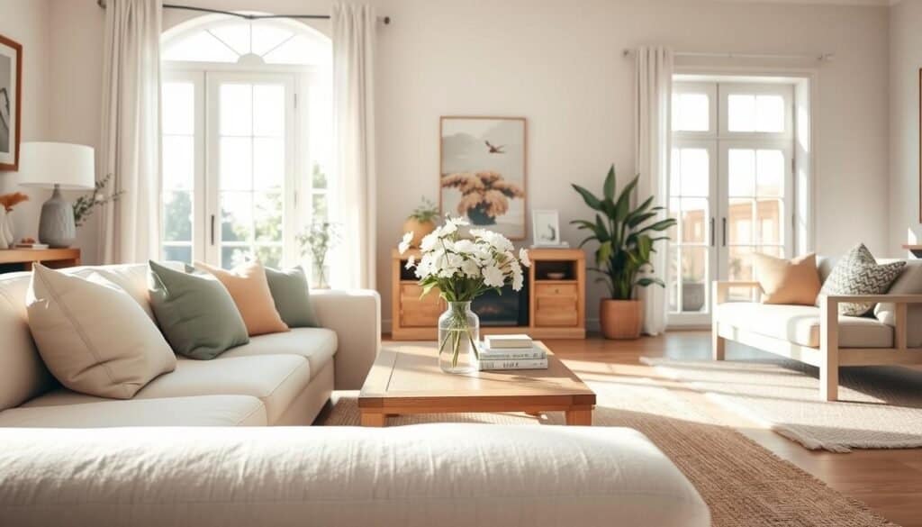 A beautifully designed living room featuring a serene color palette, emphasizing soft earth tones and muted pastels that evoke calmness. In the foreground, a plush cream sofa with decorative pillows in gentle shades of sage and blush invites relaxation. In the middle, a wooden coffee table holds a vase of fresh white flowers, surrounded by a few textured books. The background reveals large windows allowing bright, natural light to flood the space, creating an airy ambiance. Soft sunlight highlights the subtle textures of woven rugs and light wooden furniture, enhancing the warm atmosphere. The composition should feel inviting and tranquil, with a focus on cozy elegance, ideal for a space that feels genuinely lived-in. The angle should be slightly elevated, capturing the entire room in a harmonious and peaceful setting, with no people or text present.