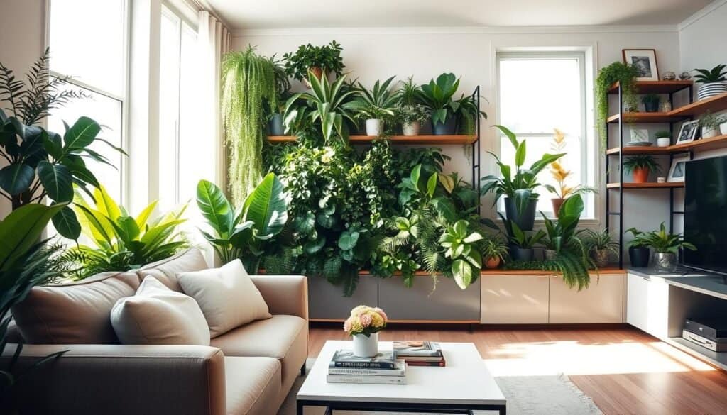 A beautifully designed living room featuring a striking plant accent wall, showcasing a variety of lush, vibrant indoor plants such as ferns, monstera, and trailing ivy. In the foreground, a cozy, stylish sofa with soft cushions invites relaxation, while a modern coffee table holds a few decorative books and a small vase of fresh flowers. In the middle ground, sunlight streams in through large windows, illuminating the room with a soft, airy glow that lifts the mood. The background features tasteful wooden shelves filled with more plants and art pieces that add character to the space. The atmosphere is bright, inviting, and rejuvenating, perfect for a sanctuary that combats gloominess. The image should emphasize natural light, capturing a sense of tranquility and warmth.