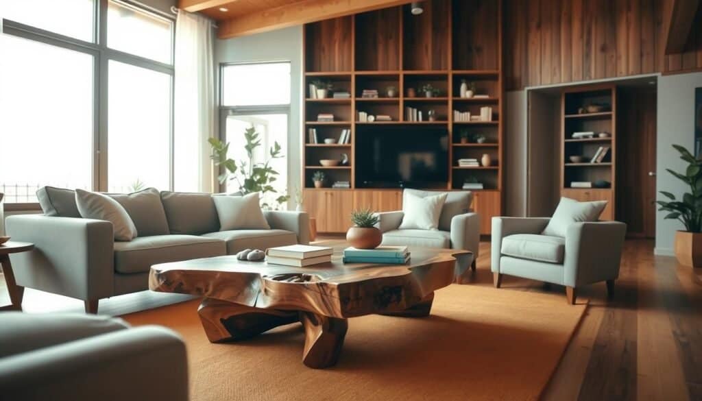 A beautifully designed living room featuring warm wood elements, focusing on an inviting furniture arrangement that promotes flow and connection. In the foreground, a cozy, neutral-colored sofa is paired with a handcrafted wooden coffee table adorned with natural decor, such as a small plant and books. The middle ground showcases a warm-toned area rug beneath the furniture, enhancing comfort and warmth. In the background, large windows allow soft, bright natural light to flood the space, highlighting the rich wooden textures of the bookshelves and accent walls. The atmosphere is serene and welcoming, with a color palette of earthy tones and subtle pops of greenery. Capture the scene with a wide-angle lens to emphasize depth and openness in a well-lit, airy environment.