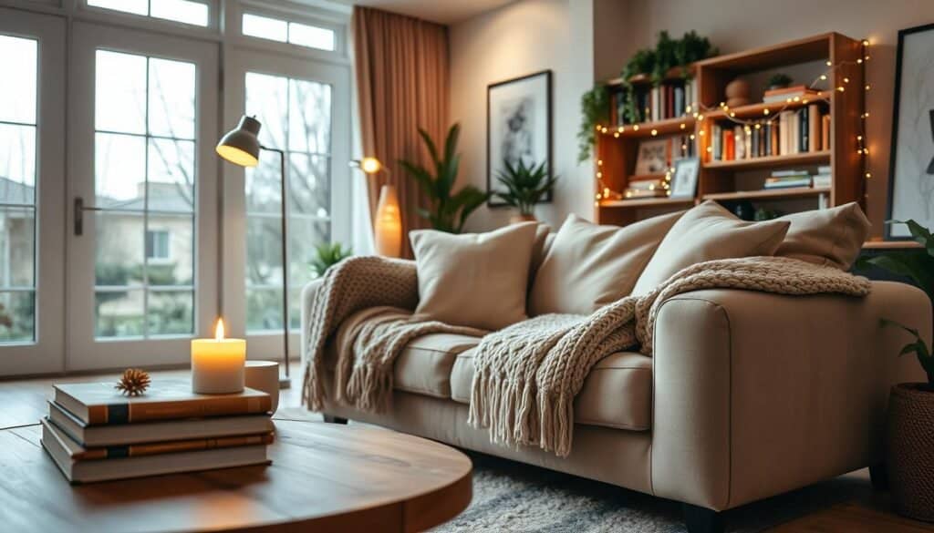 A beautifully designed living room showcasing cozy atmosphere lighting solutions. In the foreground, a stylish coffee table adorned with a small stack of art books and a flickering candle. The middle ground features a plush sofa draped with a warm, knitted throw, accompanied by soft, oversized cushions. A unique floor lamp with a warm glow stands beside the sofa, while ambient fairy lights are draped casually across a nearby bookshelf. In the background, large windows allow soft natural light to filter in, enhancing the inviting atmosphere. The overall color palette includes warm neutrals and earthy tones, evoking comfort and relaxation. Capture this scene from a slight angle to emphasize depth, using soft focus to create a dreamy, serene ambiance. Aim for bright, natural lighting with a touch of soft sunlight for an airy feel.