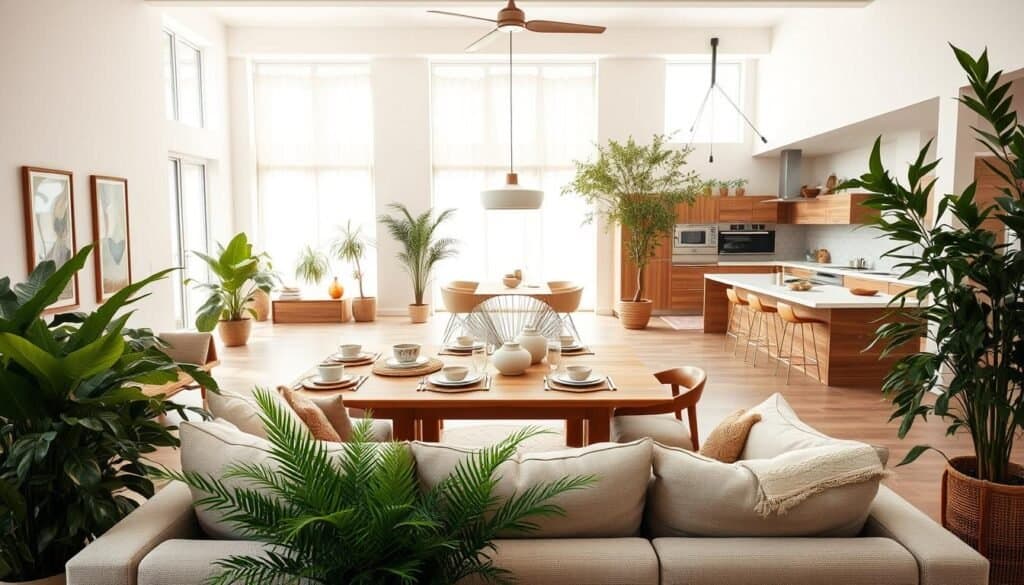 A beautifully designed modern home interior that seamlessly integrates natural elements, featuring an open floor plan with a living room, dining area, and kitchen. In the foreground, a cozy seating area with plush, earth-toned sofas surrounded by greenery, such as potted plants and indoor trees. The middle of the room showcases a large wooden dining table set with natural materials, like woven textiles and ceramic dishes. The background contains a wall of windows letting in bright, soft sunlight, illuminating the space with a warm glow. The atmosphere is airy and inviting, emphasizing comfort and tranquility. The overall color palette includes soft whites, warm browns, and various shades of green, creating a harmonious blend with nature. The composition is captured from a slightly elevated angle, adding depth and perspective to the layout.