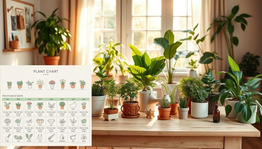 A beautifully designed plant care chart set against a warm, airy home backdrop. In the foreground, a detailed chart features illustrated icons for various houseplants, each with care instructions for light, watering, and humidity levels. The middle layer shows a soft, rustic wooden table adorned with potted plants, watering can, and gardening tools, creating a harmonious invitation to care for nature. In the background, a sunlit window casts gentle, golden rays into the room, illuminating the greenery and enhancing the peaceful atmosphere. The entire scene should evoke a sense of tranquility and balance, with vibrant plant colors contrasting against the soft, neutral hues of the room décor.