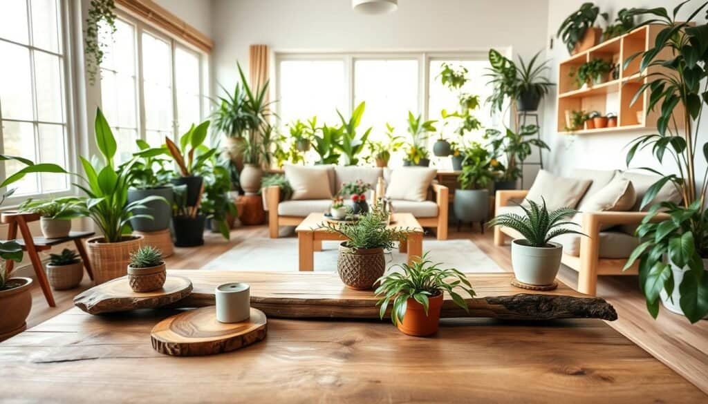 A beautifully designed room that showcases biophilic decor with a harmonious blend of natural wood accents and lush greenery. In the foreground, a rustic wooden coffee table adorned with potted plants and artisanal wooden coasters. The middle ground features a comfortable seating area with natural fabric cushions and light wood furniture, surrounded by an array of vibrant houseplants. The background reveals large windows allowing bright, soft sunlight to flood the space, highlighting the organic textures of the wood and greenery. The atmosphere is tranquil and inviting, evoking a sense of serenity and connection with nature, captured with a wide-angle lens for depth and warmth.