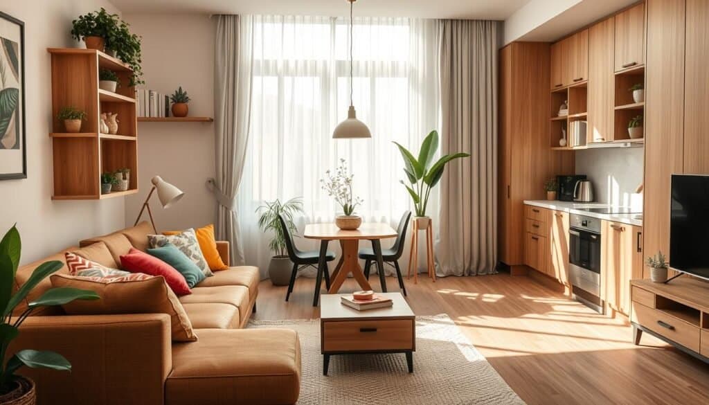 A beautifully designed small apartment living space, showcasing inventive space-saving solutions. In the foreground, a cozy nook features a modular sofa adorned with colorful cushions, complemented by a coffee table with neat storage compartments. Mid-ground elements include a compact dining table set against a wall, utilizing vertical shelves filled with plants and books, enhancing the cohesive vibe. The background reveals a bright kitchen area with open cabinetry, natural wood finishes, and airy curtains letting in soft sunlight, casting gentle shadows. The atmosphere is warm and inviting, ideal for shared living. Captured from a slightly elevated angle to highlight the space's layout, with bright, natural lighting enhancing the homey feel while maintaining a professional aesthetic.