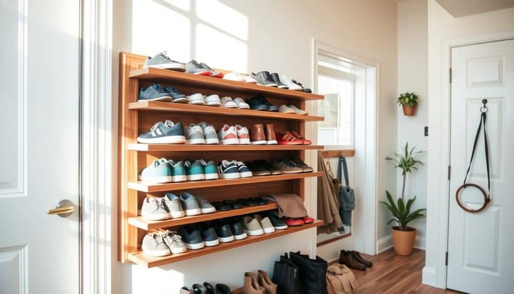 A beautifully designed wall-mounted shoe rack made from polished wood, showcasing a range of shoes neatly organized by style and color. The rack should feature multiple shelves with a contemporary design, highlighting the natural grain of the wood. In the foreground, focus on the rack filled with sneakers, boots, and sandals, all well-arranged to emphasize decluttering. The middle ground includes a stylish entryway with a bright, airy atmosphere, bathed in soft, natural sunlight streaming through a nearby window, casting gentle shadows. The background should showcase a light-colored wall that complements the wood tones, with minimal decorative elements like a small potted plant or a hanging coat hook, creating a serene and functional entryway ambiance. The overall mood of the image is inviting and organized, perfect for showcasing a practical DIY project.