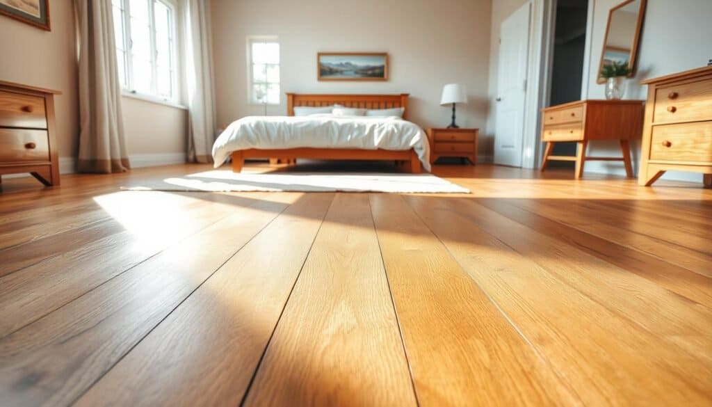 A beautifully designed wooden bedroom floor, featuring wide planks made from warm, rich oak with visible wood grain patterns. The foreground showcases the smooth, polished surface reflecting soft sunlight, inviting a sense of warmth and tranquility. In the middle ground, there is a neatly arranged light-colored area rug partially covering the floor, adding texture and comfort. The background contains a cozy bedroom setting, with pastel-colored walls, a large window allowing bright natural light to flood the room, and tasteful wooden furniture accents. The overall atmosphere is serene and restful, evoking a cozy and inviting ambiance perfect for relaxation. The image should be captured with a wide-angle lens to emphasize the spaciousness and enhance the airy feel of the room.
