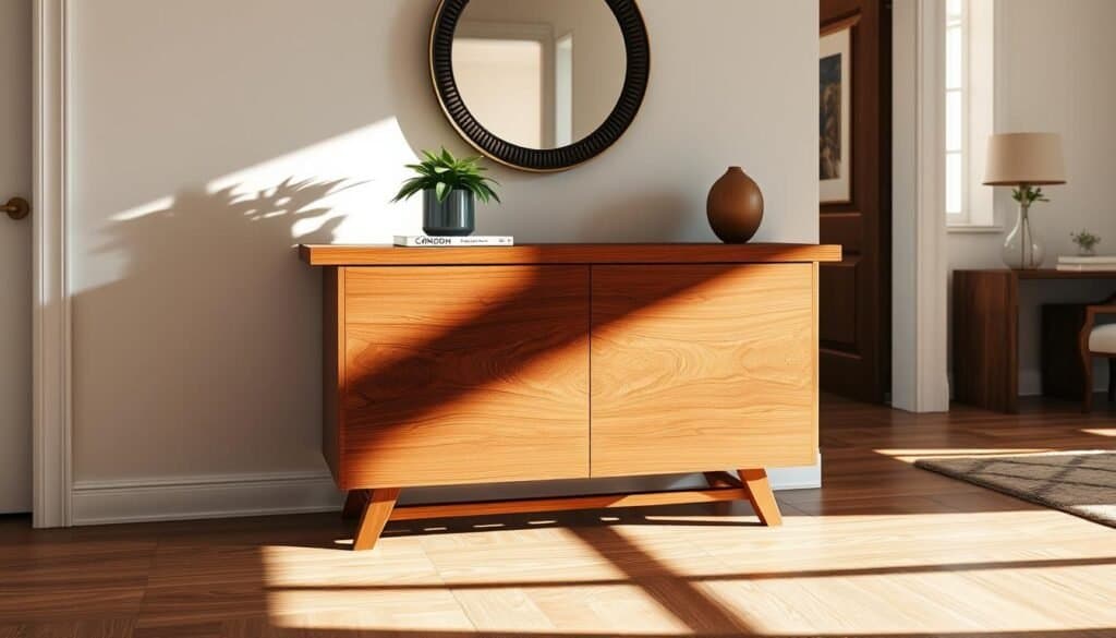 A beautifully designed wooden console table as the focal point in a stylish entryway, showcasing rich grain patterns and a sleek silhouette. The table is adorned with minimalistic decor, including a potted plant, elegant books, and a decorative mirror above it. Soft, natural light streams through a nearby window, creating a warm and inviting atmosphere, while gentle shadows enhance the textures of the wood. In the background, the entryway features light-colored walls and an airy feel, with a hint of a rug and an art piece that complements the console table. The angle captures the warmth and sophistication of the space, evoking a sense of welcome and comfort in a home setting.