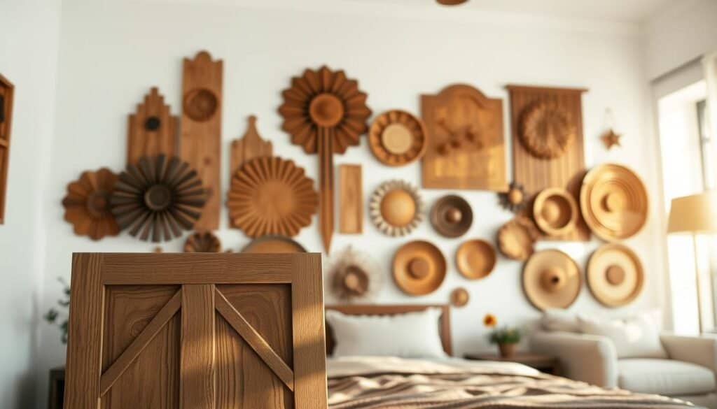 A beautifully designed wooden wall featuring an array of wooden wall art pieces and panels, showcasing intricate carvings and natural textures. In the foreground, a handcrafted wooden panel with a geometric design catches soft sunlight, highlighting its rich grain. The middle ground includes various sizes of elegant wall art pieces, artfully arranged, made from different types of wood, such as walnut and maple, creating a warm and inviting atmosphere. In the background, a well-lit room with airy white walls and soft, natural furnishings complements the wooden accents. The lighting is bright and airy, with the evening sun casting a gentle glow across the scene, evoking a sense of comfort and tranquility in a cozy bedroom setting.