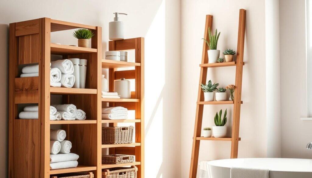 A beautifully organized DIY bathroom storage solution featuring practical wooden shelves and baskets. In the foreground, a handcrafted wooden tower with multiple open shelves holds neatly arranged toiletries, rolled towels, and decorative plants, all showcasing artisanal craftsmanship. The middle ground displays a stylish wooden ladder shelf leaning against the wall, adorned with minimalistic decor and potted succulents, enhancing the rustic charm. The background consists of a soft pastel-colored bathroom wall, illuminated by bright natural light pouring in through a window, creating a warm and inviting atmosphere. The soft sunlight highlights the wood grain, adding depth and character to the scene. The composition conveys a serene and productive vibe, perfect for DIY enthusiasts seeking practical storage solutions.