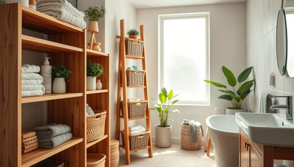 A beautifully organized bathroom featuring practical storage solutions made from natural wood. In the foreground, showcase a stylish wooden shelving unit holding neatly arranged towels, toiletries, and decorative plants. In the middle, include a wooden ladder shelf with baskets made of woven materials, adding warmth and texture. The background can feature a bright, airy bathroom with soft sunlight streaming in through a frosted window, illuminating the space and creating an inviting atmosphere. Use a wide-angle lens to capture the full essence of the storage solutions, emphasizing the craftsmanship of the woodwork. The mood should be fresh and serene, perfect for inspiring DIY projects.