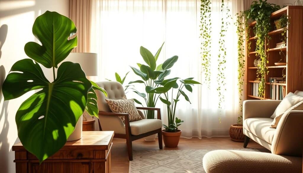 A beautifully styled living room featuring strategically placed indoor plants. In the foreground, a large, leafy monstera sits on a rustic wooden side table, casting delicate shadows from the soft natural light. In the middle, a vibrant snake plant stands in a ceramic pot beside a cozy armchair, while trailing pothos hangs elegantly from a bookshelf, adding vertical interest. The background showcases a sunlit window adorned with sheer curtains, allowing bright sunlight to filter through, creating an airy atmosphere. The overall mood is tranquil and inviting, highlighting how indoor plants enhance the warmth and freshness of the space. The image is captured with a wide-angle lens to emphasize the room's dimensions and is softly illuminated by golden hour lighting.