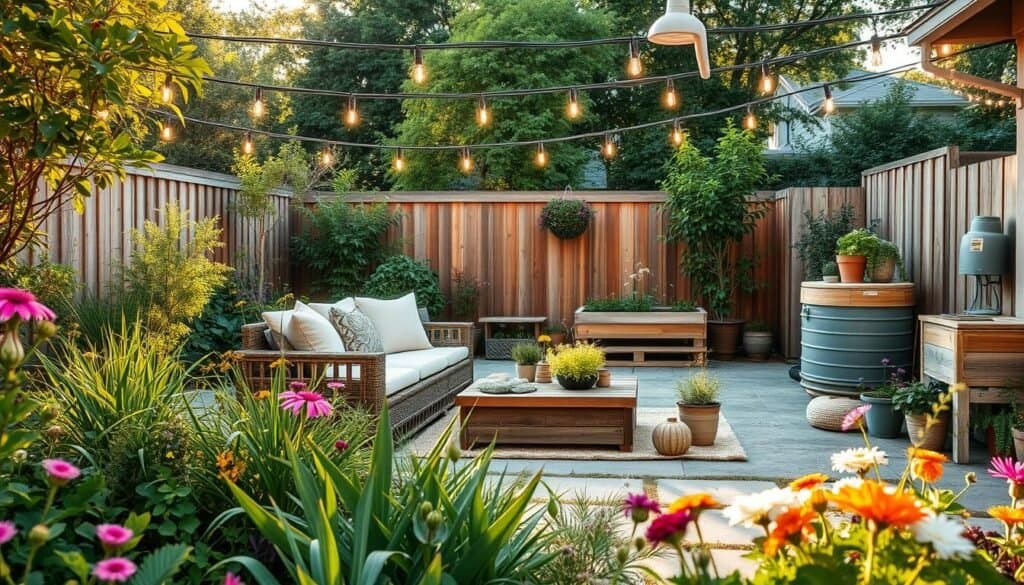 A beautifully transformed eco-friendly backyard featuring a lush garden with native plants and vibrant flowers in the foreground. In the middle, a cozy seating area made of reclaimed wood furniture with soft cushions, surrounded by decorative potted plants and a rustic outdoor rug. A stylish, solar-powered string light installation above casts a warm, inviting glow. In the background, a small raised vegetable bed and a rainwater collection system illustrate sustainable living. The scene is illuminated by bright natural light during golden hour, creating a soft and airy atmosphere. The angle captures the entire space from a slightly elevated view, giving a sense of openness and tranquility.
