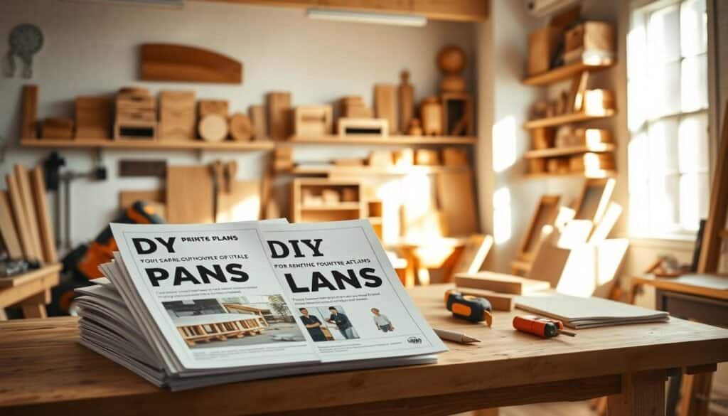 A bright, airy workshop interior filled with DIY furniture plans displayed on a wooden workbench. In the foreground, a neatly arranged stack of free printable plans for simple furniture projects like a rustic coffee table and a cozy bookshelf. The middle features essential woodworking tools, including a saw, measuring tape, and clamps, all illuminated by soft natural sunlight streaming in through a large window, creating gentle shadows. In the background, shelves lined with finished wooden projects, showcasing the rewarding results of weekend craftsmanship. The overall mood is inviting and inspiring, emphasizing creativity and the satisfaction of completing wood projects at home.