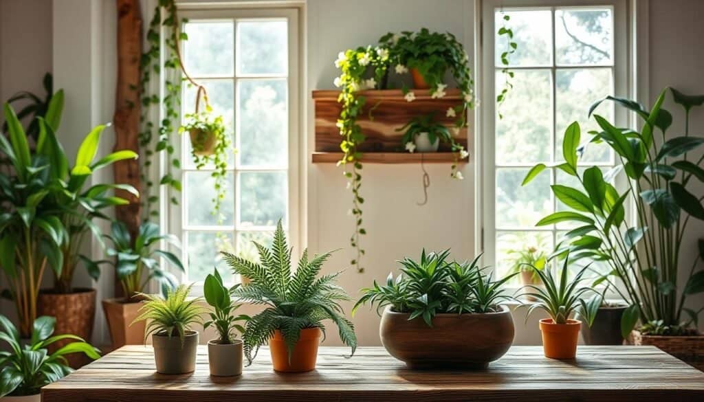 A bright and airy indoor garden scene showcasing lush greenery and simple natural decor ideas using wood elements. In the foreground, a rustic wooden table displays an assortment of small potted plants, including ferns and succulents, accented by a handcrafted wooden planter. The middle ground features a wall shelf made from reclaimed wood adorned with vibrant trailing vines and delicate flowers. In the background, large windows bathe the space in soft, natural sunlight, enhancing the vibrant greens and warm wood tones. The overall atmosphere is serene and refreshing, inviting a peaceful connection with nature. The scene is well-composed from a slightly elevated angle, capturing the essence of an inviting home sanctuary without any text or distractions.
