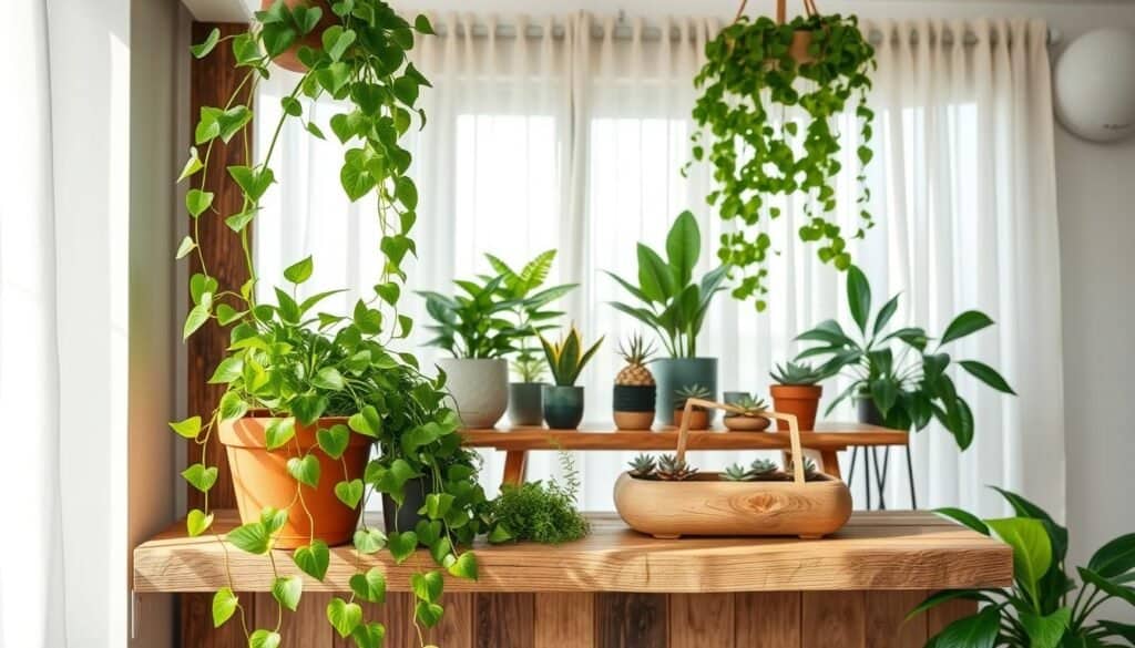 A bright and airy indoor scene showcasing an elegant arrangement of various indoor plants, such as ferns, pothos, and succulents, artfully placed on a wooden shelf made of reclaimed wood. The foreground features a lush green ZZ plant in a rustic terracotta pot, while vibrant pothos drapes elegantly over the edge of the shelf. In the middle, a wooden table displays an assortment of smaller plants beside a handcrafted wooden planter. The background includes a tall window allowing soft sunlight to filter through sheer curtains, casting gentle shadows. The overall mood is serene and inviting, emphasizing the natural connection between wood and plants. The composition is shot from a slightly elevated angle, capturing the textures of the wood and the vibrancy of the plants in a naturally lit environment.