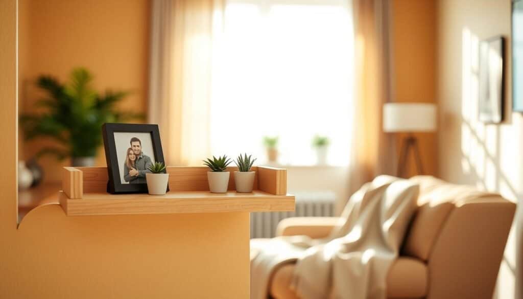 A charming DIY "Love" wooden wall shelf is showcased in a cozy living room setting. In the foreground, the shelf, crafted from light-colored wood, features a heart-shaped design with two small potted plants and a framed photo of a couple. The middle ground reveals warm-toned walls and relaxing decor items like a soft throw blanket draped casually over a nearby armchair. The background is softly blurred, suggesting a bright window with sheer curtains allowing gentle natural light to flood the space, creating an inviting atmosphere. The image captures an essence of creativity and warmth, with sunlight casting delicate shadows that enhance the textures of the wood grain. The composition evokes a sense of tranquility and joy in home crafting.