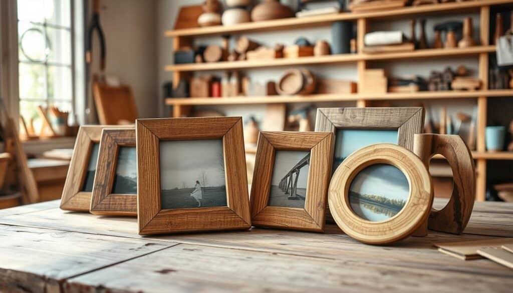 A charming collection of rustic wooden picture frames displayed on a distressed wooden table. In the foreground, a few uniquely crafted frames in different shapes—some rectangular, others oval—are adorned with natural wood grain textures and variations in color, showcasing their handcrafted essence. In the middle, there are photographs nestled within the frames, depicting serene moments in nature, enhancing the nostalgic feel. Soft, warm sunlight filters through a nearby window, casting gentle shadows, which adds depth and warmth to the scene. In the background, shelves lined with woodcraft tools and materials create an inviting workshop atmosphere. The image is captured with a shallow depth of field to emphasize the frames, with a bright, airy feel that inspires creativity and a sense of calm.