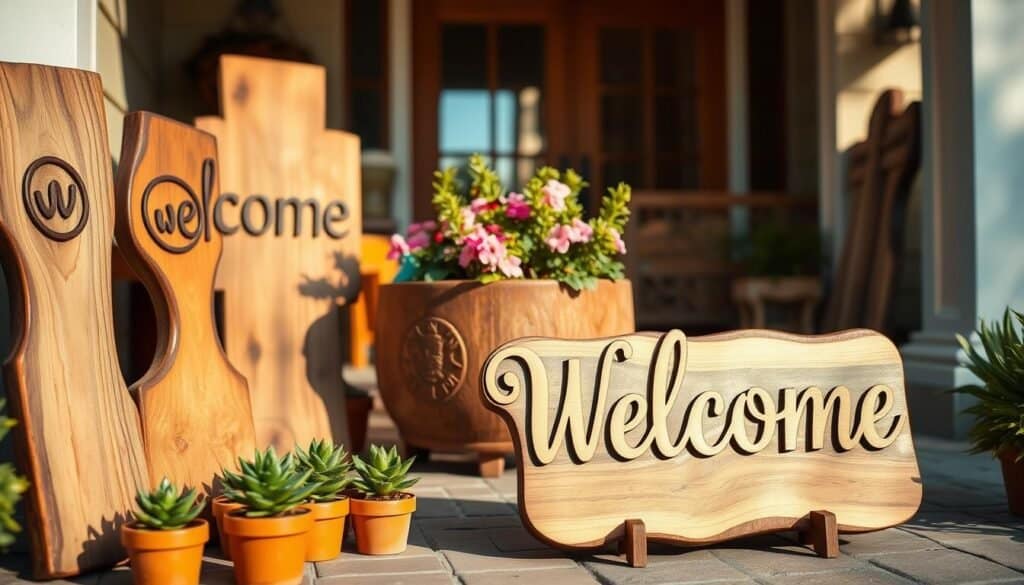 A charming entryway featuring a variety of wooden welcome signs, each uniquely crafted with different natural wood finishes, showcasing rustic charm and character. In the foreground, a beautifully handcrafted wooden sign reads "Welcome" in elegant lettering, adorned with subtle carvings of leaves. Surrounding the sign are small potted plants in earthy tones, adding a touch of greenery. In the middle, a wooden planter complements the welcome signs, filled with vibrant flowers. The background features a softly blurred, inviting home entrance, with warm, natural sunlight gently illuminating the scene, casting soft shadows. The mood is warm and welcoming, evoking a sense of home and comfort, captured from a slightly angled perspective to highlight the textures of the wood and the lively colors of the plants.
