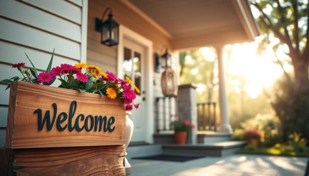 A charming wooden welcome sign, beautifully crafted with natural wood grains, prominently displayed in the foreground. The sign is adorned with tasteful, minimalist lettering, capturing the essence of a warm greeting. Beside the sign, a rustic planter bursts with vibrant flowers, adding a splash of color and life to the scene. The middle ground features an inviting home entrance with a cozy porch, framed by greenery and decorative elements like lanterns. In the background, soft sunlight filters through trees, creating a warm, airy atmosphere. The image is captured with a wide-angle lens, emphasizing depth and inviting perspective, while the overall tone is bright and cheerful, evoking a sense of home and comfort.