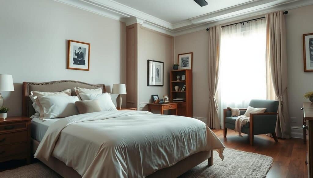 A classy bedroom featuring a serene and inviting atmosphere. In the foreground, a neatly made king-sized bed adorned with elegant, neutral-toned linens and plush pillows. A stylish nightstand on one side holds a minimalistic lamp and a small potted plant. In the middle ground, a cozy reading nook with a comfortable armchair and a soft throw blanket, next to a small bookshelf curated with a few decorative items and books. The background showcases a large window with soft, sheer curtains letting in bright natural light, illuminating the space with a warm glow. Tasteful artwork hangs on the walls, adding to the refined décor. The overall mood is calm, organized, and welcoming, ideal for relaxation and rejuvenation. The lighting is bright and airy, enhancing the clean lines and wood tones of the furniture, captured from a slightly elevated angle.