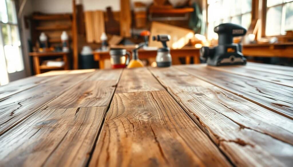A close-up view of distressed wood finishes, featuring a variety of textures and colors that convey character and warmth. In the foreground, a beautifully crafted table displays various wood samples showcasing rich grains, cracks, and weathered edges. The middle ground includes a softly blurred workshop setting with tools like a sander and wood stain bottles arranged aesthetically, bathed in bright natural light. The background captures a cozy, airy workshop with large windows allowing soft sunlight to pour in, creating an inviting atmosphere. The overall mood reflects creativity and craftsmanship, emphasizing the beauty of imperfection. The image should be realistic and well-composed, showcasing the details of the wood finishes with vibrant clarity and depth.