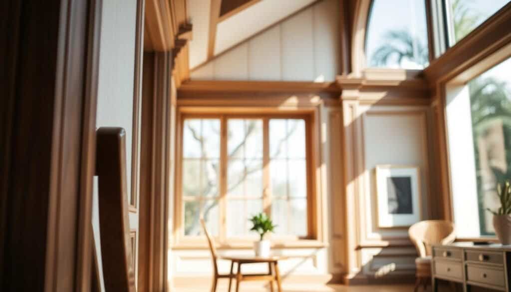 A close-up view of quiet architectural details in a thoughtfully designed room, featuring intricate wooden moldings, subtle textures on the walls, and softly colored accents. In the foreground, focus on a beautifully crafted wooden chair beside a small, elegantly designed side table, adorned with a minimalist plant. The middle ground showcases large, light-filled windows, allowing soft sunlight to stream in, highlighting the delicate patterns of the wood grain. In the background, a serene wall with tasteful artwork and a hint of greenery peeks out, creating a harmonious atmosphere. The lighting is bright yet gentle, casting soft shadows that enhance the craftsmanship. This image evokes a sense of calm and consideration, showcasing how quiet details transform ordinary spaces into exceptional experiences.