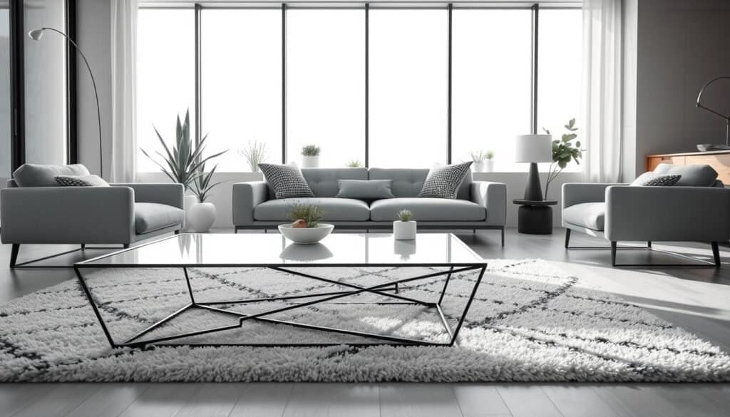A cold modern interior space featuring sleek, angular furniture with minimalistic design in a muted color palette of grays and whites. In the foreground, a stark metal coffee table with geometric shapes contrasts with a plush, soft area rug. The middle ground reveals a linear sofa adorned with textured pillows, while a few potted plants add a hint of warmth. The background showcases expansive windows, allowing soft, bright natural light to pour in, casting gentle shadows and highlighting the airy atmosphere. A subtle layering of textures—such as smooth wooden accents and glass surfaces—creates a balanced yet chilly ambiance. The overall mood is a blend of sophisticated modernity and an underlying sense of emotional distance, prompting viewers to recognize the starkness of the space.