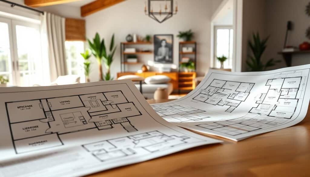 A collection of realistic dream house floor plans displayed on a large wooden table, showcasing various layouts with detailed annotations. In the foreground, soft natural light illuminates the blueprints, highlighting intricate features such as spacious living areas and cozy bedrooms. The middle ground features a stylishly decorated room with a modern aesthetic, including houseplants and wood accents, creating an inviting atmosphere. In the background, a bright window allows soft sunlight to filter in, creating an airy and open feel. The entire scene reflects a sense of harmony and thoughtful design, capturing the essence of well-planned living spaces.