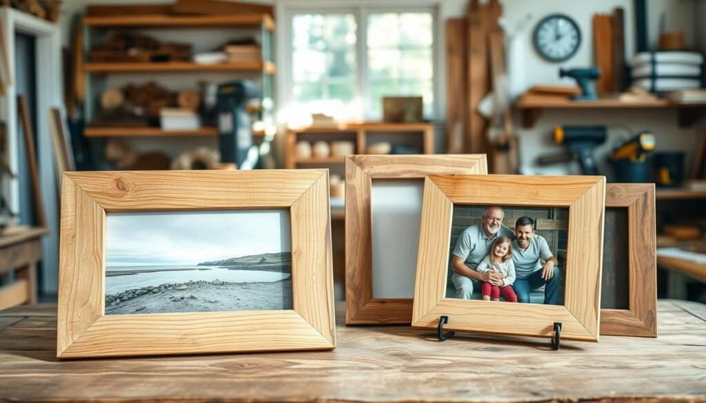 A collection of rustic DIY picture frames displayed on a wooden table, each frame uniquely crafted from reclaimed wood with visible knots and grain patterns. The foreground features two frames, one holding a tranquil landscape photo and the other an intimate family portrait. The middle layer includes additional frames in various sizes, some left empty awaiting personalization. The background softly blurs into a cozy workshop setting with shelves of woodworking tools and soft natural light streaming through a nearby window, creating a warm and inviting atmosphere. The scene is well-lit with bright, airy sunlight that highlights the textures of the wood, evoking a sense of creativity and craftsmanship. The mood is relaxed and inspiring, perfect for showcasing personalized home décor.