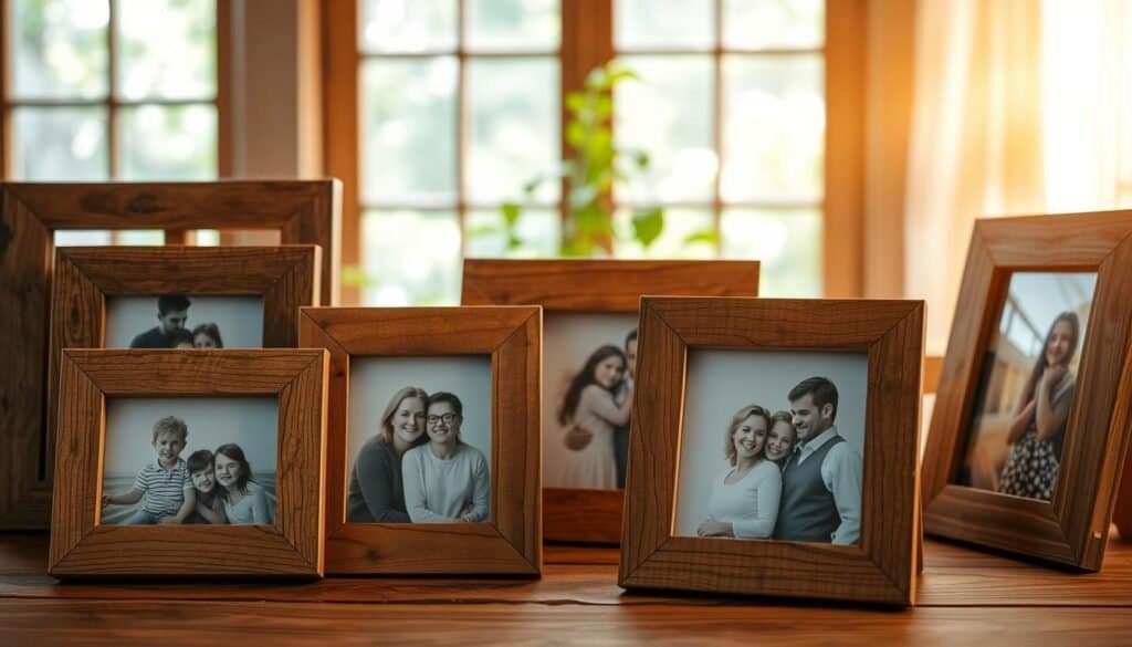 A collection of rustic picture frames showcasing various shapes and sizes, made from reclaimed wood with visible grain patterns and imperfections. In the foreground, several frames display beautiful family photos, arranged artistically on a wooden table. The middle ground features a softly glowing window allowing bright natural light to illuminate the scene, emphasizing the textures of the wood. In the background, gentle greenery peeks through, enhancing the calming atmosphere. The image is captured with a shallow depth of field, focusing on the frames while softly blurring the background. The warm, inviting light creates a serene and cozy mood, perfect for showcasing cherished memories.