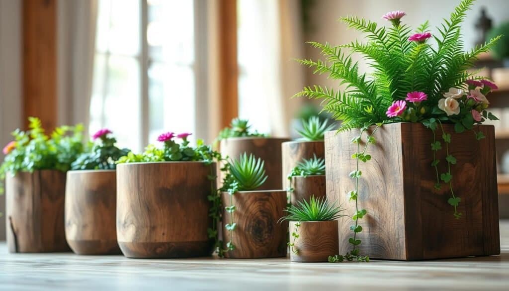 A collection of rustic wood planters, crafted from reclaimed timber, showcasing a variety of shapes and sizes. In the foreground, a large rectangular planter filled with lush green ferns and vibrant flowering plants, exuding a natural freshness. The middle of the image features an assortment of smaller cylindrical and square planters, each uniquely textured with knots and grain patterns, complemented by trailing ivy and miniature succulents spilling over the edges. In the background, a softly blurred interior space illuminated by bright natural light streaming in through a nearby window, creating a warm, inviting atmosphere. The overall mood is serene and earthy, emphasizing sustainable living and the beauty of handcrafted woodwork. The composition employs a slightly elevated angle to highlight the planters' details and textures.