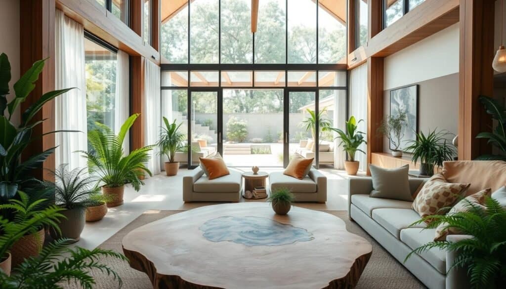A contemporary home interior featuring biophilic design elements, showcasing a seamless blend of nature and modern architecture. In the foreground, a spacious living area with a large, organic-shaped wooden coffee table surrounded by comfortable, neutral-toned furniture. Lush indoor plants, including ferns and small trees, add vibrant greenery. The middle of the scene features expansive windows that allow soft, natural sunlight to flood the room, highlighting warm wooden accents and natural fabrics. In the background, a glimpse of a tranquil garden, seen through the glass doors, creates a harmonious connection with the outdoors. The atmosphere is serene and inviting, evoking a sense of calm and balance in the space. The lighting is bright yet soft, enhancing the organic textures and colors throughout the home.