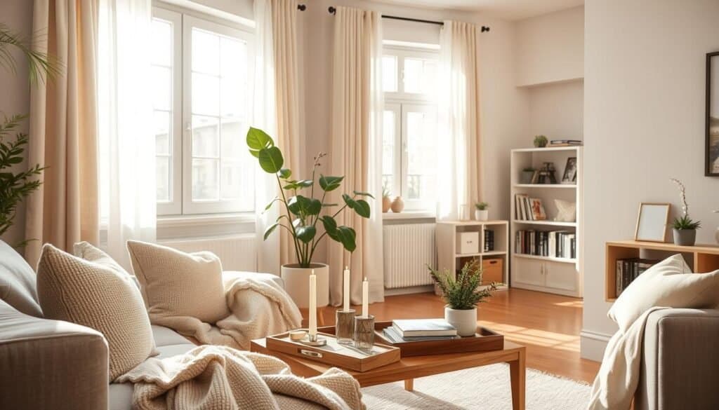 A cozy apartment living room designed in neutral tones like beige and soft gray. In the foreground, a plush, inviting sofa adorned with natural fiber throw pillows and a lightweight, textured throw blanket. A wooden coffee table with a few carefully arranged plants and a decorative tray featuring candles and books. In the middle, large windows draped with sheer curtains allow gentle sunlight to filter in, creating a warm and airy atmosphere. A potted fiddle leaf fig tree near the window adds a touch of vibrant greenery. In the background, a simple bookshelf filled with books and a few framed photographs enhances the homely feel. The entire space is bathed in soft, natural light, evoking a sense of calm and vitality, perfect for everyday living.