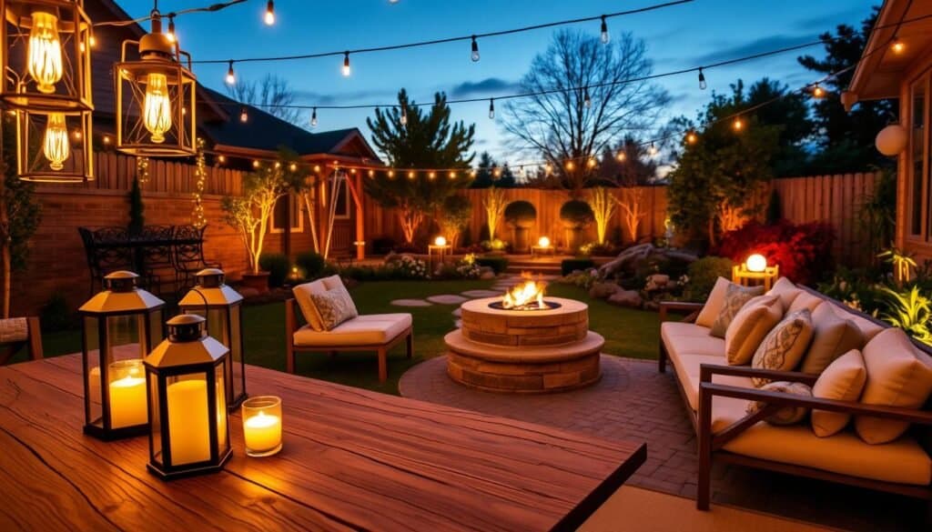 A cozy backyard scene at twilight, showcasing inviting outdoor lighting ideas. In the foreground, a rustic wooden dining table adorned with stylish, soft-lit lanterns and string lights hanging overhead. The middle features a warm fire pit surrounded by comfortable seating with plush cushions, emitting a gentle glow. In the background, a lush garden with softly illuminated pathways, decorated with glowing orbs and spotlights highlighting blooming flowers. The scene is bathed in soft, warm hues of sunset, enhancing the relaxed and inviting atmosphere. Captured with a wide-angle lens to emphasize depth, the image conveys a tranquil evening setting perfect for gatherings.