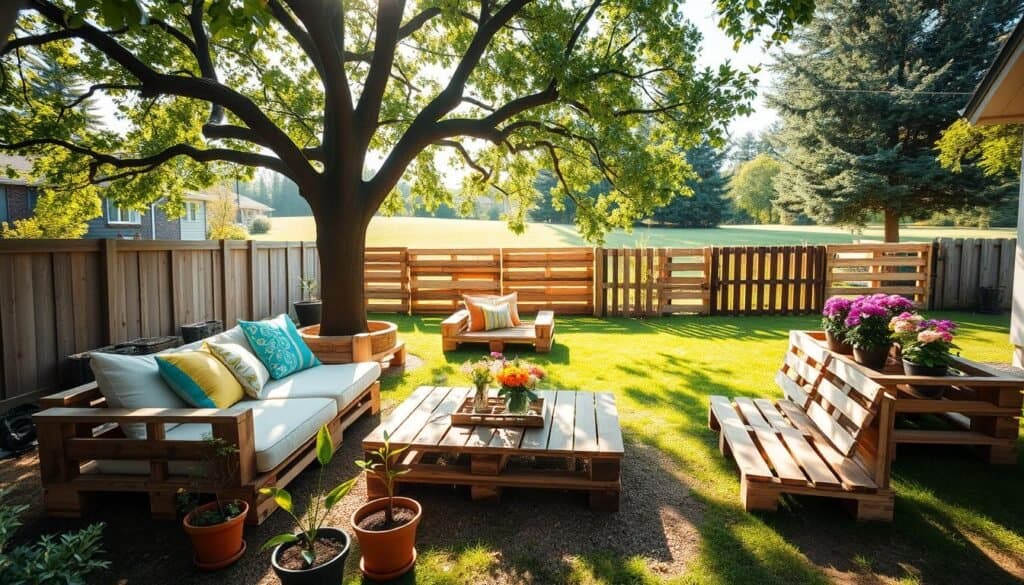 A cozy backyard scene featuring various DIY pallet projects, including a rustic pallet seating area with colorful cushions and a repurposed pallet coffee table set under a large, leafy tree. In the foreground, small potted plants add greenery, while a homemade pallet planter is filled with blooming flowers. The middle ground showcases a beautifully crafted pallet fence and benches, suggesting a welcoming, relaxed atmosphere. The background reveals a sprawling lawn bathed in bright, soft sunlight, enhancing the inviting mood. The image has an airy feel, as if captured with a wide-angle lens that emphasizes depth, creating a serene outdoor space perfect for gatherings or quiet relaxation.