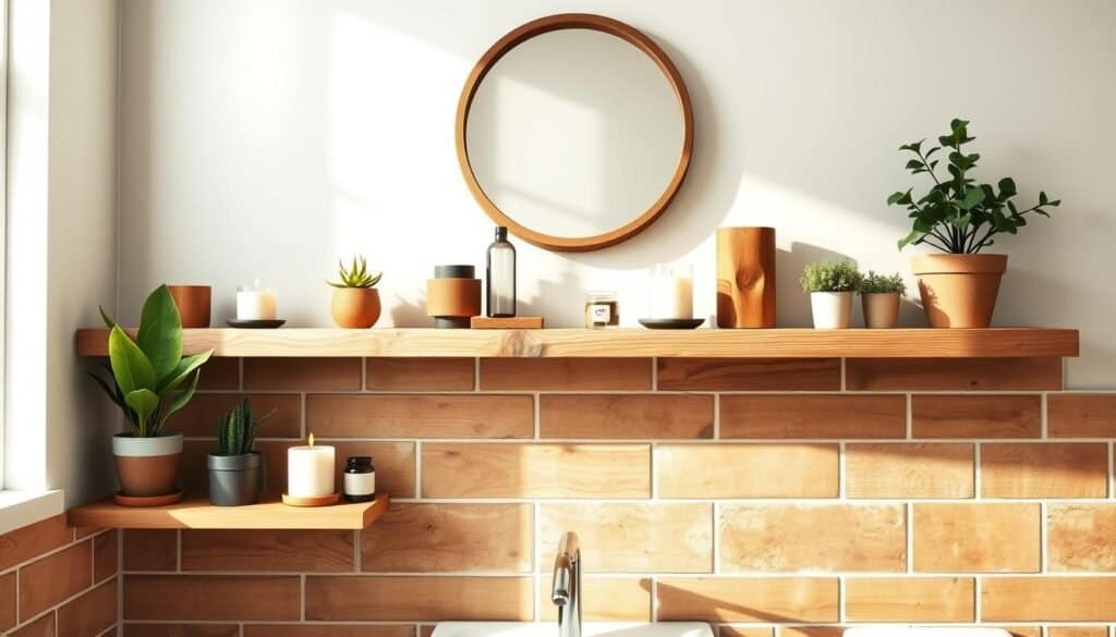 A cozy bathroom featuring beautifully crafted DIY pallet wood shelves filled with rustic decorative items. In the foreground, there are neatly arranged potted plants and scented candles on the shelves, reflecting a warm, inviting atmosphere. The middle layer showcases the sturdy, textured pallet wood shelves, made from reclaimed wood with visible knots and grain. Soft, natural lighting floods the space, creating gentle shadows that highlight the wood's character. In the background, pastel-colored bathroom wall tiles and a large circular mirror add depth and charm to the scene. The overall mood is tranquil and homey, emphasizing an upcycled aesthetic that seamlessly blends functionality with rustic elegance. The image captures the beauty of craftsmanship in a well-lit, airy bathroom setting.