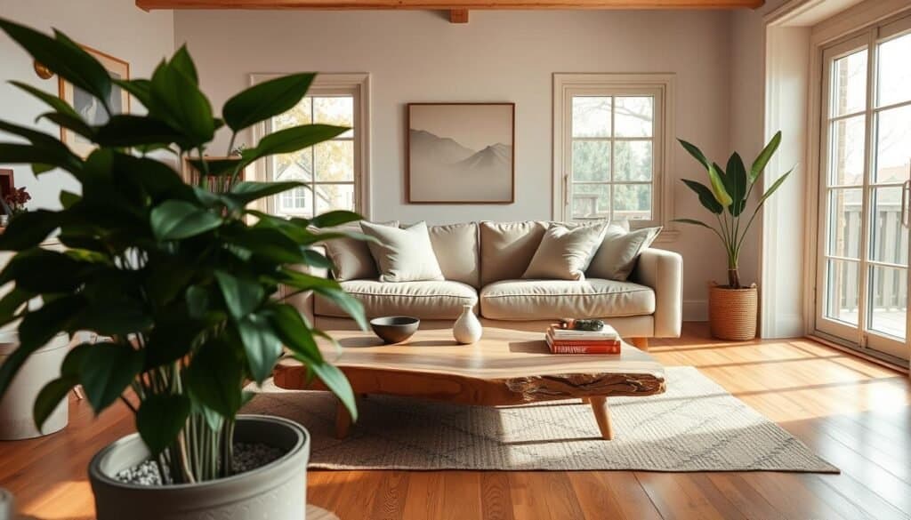 A cozy, beautifully arranged living room reflecting the concept of bringing life into a space rather than overwhelming it with decor. In the foreground, a lush green potted plant and a handmade wooden coffee table with minimalistic decor items like a small decorative bowl and a stack of books. In the middle, a comfortable, stylish sofa adorned with soft, neutral cushions, inviting an atmosphere of relaxation. Large windows in the background allow bright, soft sunlight to flood the room, illuminating the warm wooden flooring and adding an airy feel. The mood is serene and refreshing, emphasizing simplicity and warmth in a stylish yet unadorned environment. Shot with a wide-angle lens to capture the room's inviting layout and bright ambiance.