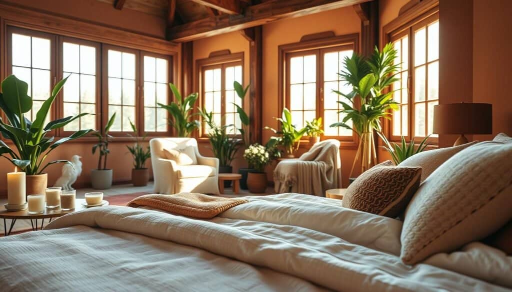 A cozy bedroom decor scene featuring a beautifully arranged sanctuary. In the foreground, a plush, inviting bed is adorned with soft, textured blankets and an assortment of decorative pillows in warm, earthy tones. To the side, a small bedside table holds a steaming cup of herbal tea and a fragrant candle, casting a gentle glow. The middle ground reveals a comfortable reading nook with a cozy armchair draped with a knitted throw, surrounded by lush potted plants that add a touch of nature. In the background, large windows allow for bright, natural light to flood the space, illuminating the elegant wooden beams and warm-colored walls. Soft sunlight creates a serene atmosphere, perfect for relaxation and rejuvenation. Capture this inviting scene from a slightly elevated angle to emphasize the peaceful retreat vibe.