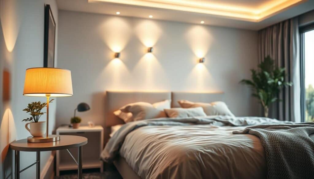 A cozy bedroom featuring accent lighting that creates an inviting ambiance. In the foreground, a stylish bedside table adorned with a softly glowing lamp emitting warm light, complemented by a small plant. The middle section showcases a plush bed draped in neutral-toned linens, with decorative pillows that add texture. Behind the bed, a feature wall accentuated with artistic lighting fixtures casting gentle hues, creating a tranquil atmosphere. The background reveals a large window allowing bright natural light to filter in, highlighting the airy and well-lit space. The overall mood evokes calmness and comfort, perfect for relaxation. The scene captures the essence of reimagined lighting, emphasizing warmth and serenity.