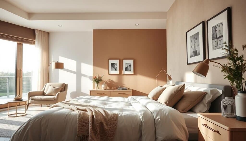 A cozy bedroom featuring an accent wall that seamlessly blends with the decor. In the foreground, a plush bed with neutral bedding and decorative pillows is adorned with a soft throw blanket. The middle ground highlights an artistic accent wall painted in a calming earth tone with subtle texture, decorated with hanging framed art pieces that complement the room's aesthetic. In the background, a large window allows bright natural light to flood in, casting gentle shadows across the room, enhancing the serene atmosphere. The furniture includes a stylish nightstand and a comfortable armchair, all arranged harmoniously. The scene embodies a peaceful, grounding vibe, inviting relaxation and tranquility, perfect for a modern bedroom space.