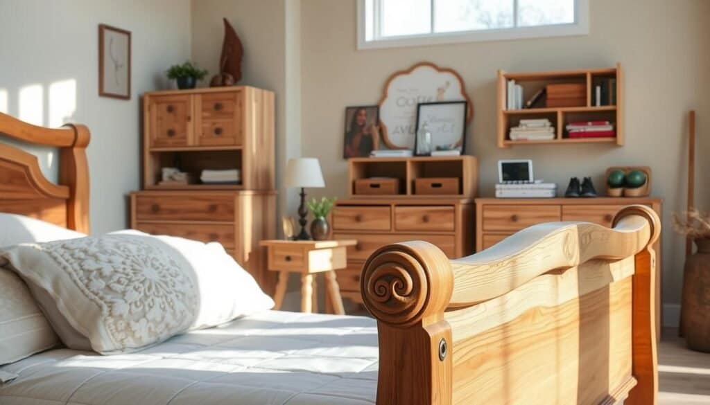 A cozy bedroom filled with creative woodworking projects, showcasing a beautifully crafted wooden bed frame with intricate carvings and a smooth finish in the foreground. Beside it, a stylish bedside table made from reclaimed wood, featuring elegant, tapered legs and natural grain patterns, adorned with a small plant and a vintage lamp. In the middle ground, a dresser made from light wood, with open drawers displaying organized accessories, and a rustic wooden shelf on the wall holding books and décor items. The background reveals soft pastel walls and a window allowing bright, natural light to filter in, creating a warm, inviting atmosphere. The scene is illuminated by soft sunlight, enhancing the textures of the wood and giving a sense of calm and comfort.