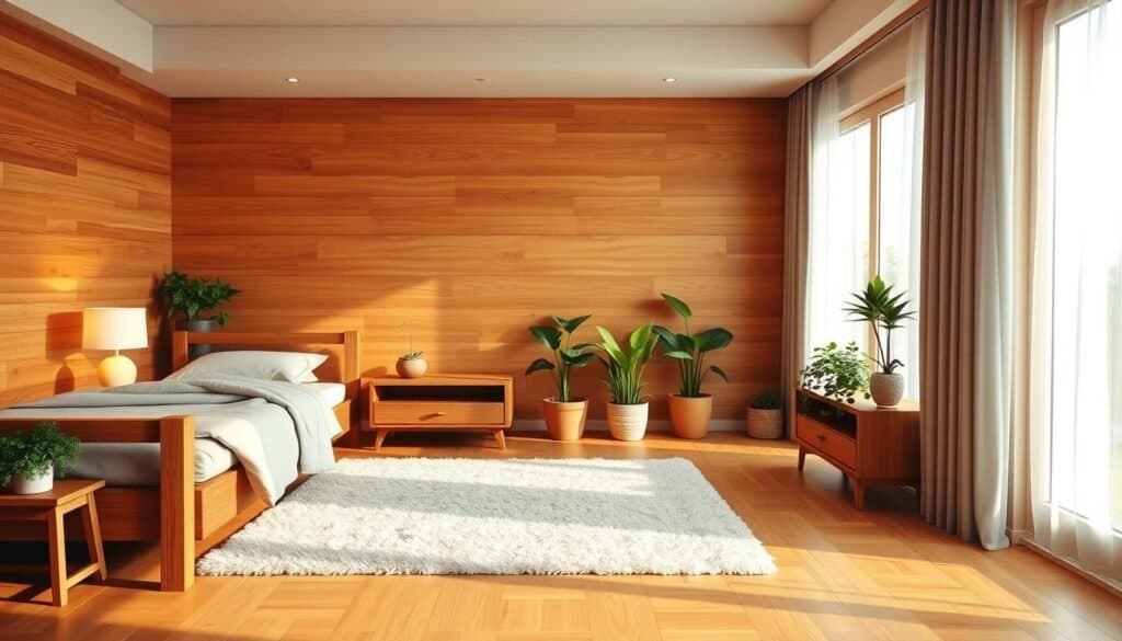 A cozy bedroom interior design featuring warm wood elements. In the foreground, a beautifully crafted wooden bed frame with soft, neutral-colored bedding. A wooden bedside table holds a small lamp emitting soft yellow light. In the middle, a plush area rug complements the wooden floor, surrounded by potted green plants that add a touch of nature. The background showcases a feature wall made of warm-toned wooden panels, creating a sense of depth and warmth. Large windows allow bright natural light and soft sunlight to illuminate the space, enhancing the inviting atmosphere. The overall mood is calm and serene, emphasizing how wood naturally creates warmth in interior spaces. The image should have a realistic style, with an airy and well-lit ambiance, captured from a slightly elevated angle to showcase the room's layout.