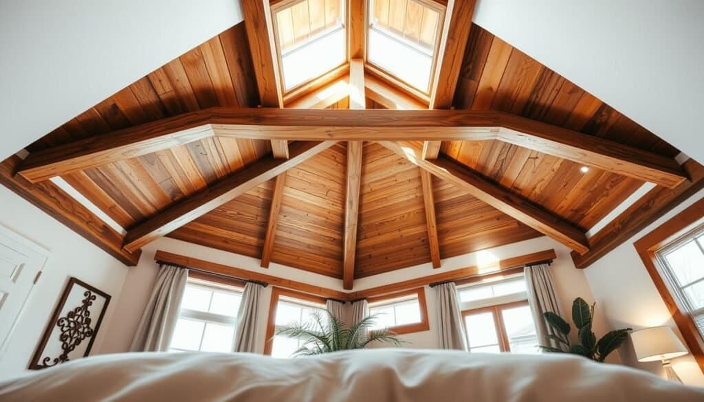 A cozy bedroom interior featuring elegant wooden ceiling treatments, showcasing exposed wooden beams and beautifully crafted wooden panels. In the foreground, a soft, plush bed with neutral-colored bedding invites relaxation. The middle composition includes a view of the rustic wooden ceiling, illuminated by bright natural light filtering through large windows, creating an airy atmosphere. The background includes soft, muted wall colors that complement the wood, with a potted plant adding a touch of greenery. The scene evokes warmth and tranquility, capturing the essence of a serene retreat. The lighting is soft and warm, enhancing the textures of the wood. The perspective is a wide-angle view, allowing for a comprehensive view of the ceiling design and overall ambiance of the bedroom.
