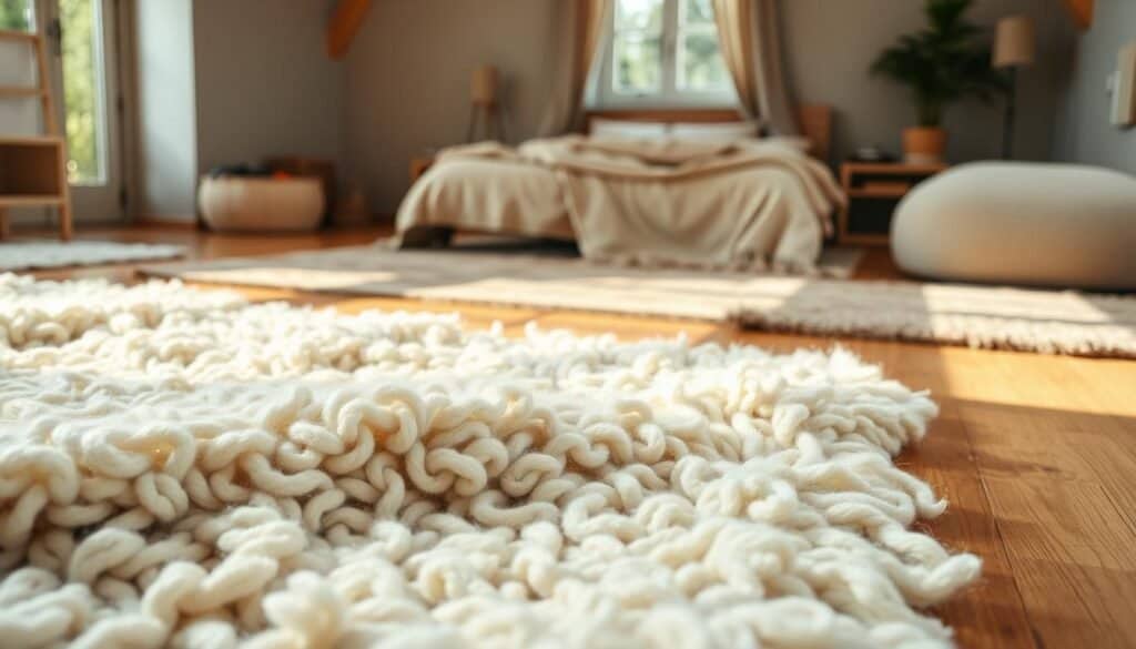 A cozy bedroom interior featuring several beautifully crafted wool rugs in various colors and textures, laid out on a warm wooden floor. In the foreground, a plush, thick cream-colored wool rug with intricate patterns showcases its comfort. The middle ground reveals a soft, earth-toned rug with a subtle geometric design, complemented by a stylish bed with natural fabric bedding. In the background, a sunlit window casts soft, diffused light across the room, highlighting the natural materials and creating a warm, inviting atmosphere. The scene is airy and well-lit, with natural light emphasizing the texture of the wool and the warmth of the wood, evoking a sense of ultimate comfort and serenity.