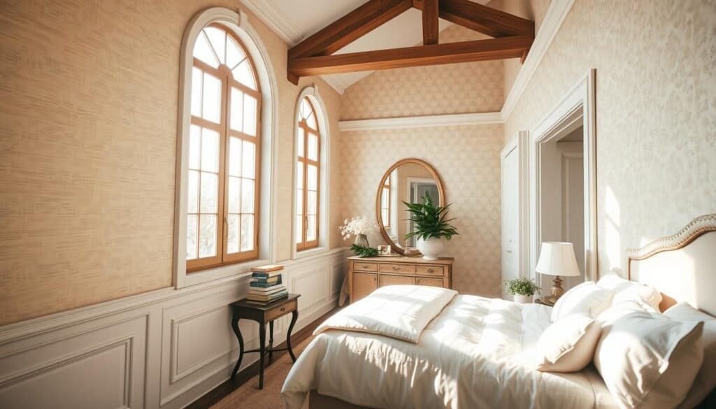 A cozy bedroom scene featuring elegant wall treatments and architectural details that evoke softness and warmth. In the foreground, a beautifully crafted wainscoting and textured wallpaper create visual interest, while a pair of elegant wood-framed windows allow bright, natural light to pour in. The middle ground showcases a softly upholstered bed with inviting linens, complemented by a subtle color palette of muted pastels. Architectural crown molding and ceiling beams add depth, enhancing the inviting atmosphere. In the background, decor elements like potted plants and gentle light fixtures provide a touch of life and personality. Envision this space bathed in airy, soft sunlight, captured at a slight angle to emphasize dimension and warmth, creating a serene and welcoming mood.