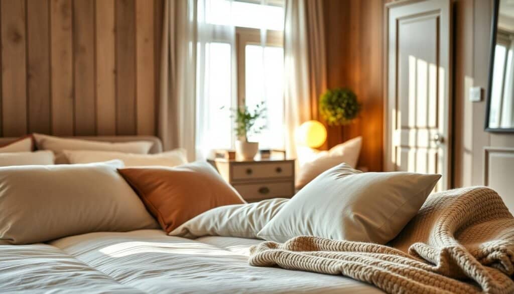 A cozy bedroom scene featuring luxurious bedding materials such as a plush down comforter, textured cotton sheets, and soft wool throws. In the foreground, a neatly made bed with an inviting arrangement of decorative pillows in earthy tones. The middle ground showcases a stylish nightstand adorned with a small potted plant and a soft-glow lamp emitting warm light. In the background, a window with sheer curtains allows bright natural light to flood the room, casting gentle shadows that enhance the serene atmosphere. The room's wooden accents and calming color palette, featuring soft grays and warm creams, create a comforting and luxurious ambiance. The overall mood is peaceful and inviting, perfect for relaxation and comfort.