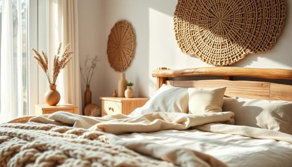 A cozy bedroom scene showcasing a thoughtfully layered arrangement of natural materials for warmth. In the foreground, a plush woolen throw and a soft linen blanket are artfully draped over a rustic wooden bed frame. The middle ground features a handmade wooden nightstand with a small potted plant, while natural light pours in through a large window, creating a bright and airy atmosphere. The background showcases textured wall decor made of woven natural fibers, hinting at earthy tones. The angle captures the interplay of soft sunlight filtering through the window, highlighting the warmth and inviting feel of the room. The overall mood is serene and comforting, emphasizing the beauty of nature-inspired materials.