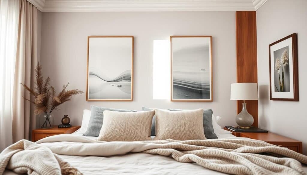 A cozy bedroom scene showcasing elegant wall treatments and art, designed to fill empty spaces with intention. In the foreground, a plush bed with textured pillows and a soft throw blanket. The middle features a beautifully designed wall adorned with large, modern art pieces in calming colors, framed elegantly. Natural wood accents and a stylish nightstand add warmth. In the background, a window allows soft, bright sunlight to stream in, highlighting airy curtains that sway gently. The atmosphere is tranquil and inviting, with a focus on creating a harmonious retreat. The angle captures the room from slightly above, emphasizing the layout and décor.