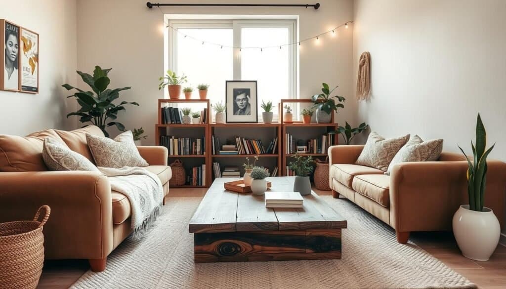 A cozy, budget-friendly living room decor scene featuring a small, inviting space with warm tones. In the foreground, a plush, earthy-toned sofa adorned with patterned throw pillows and a knitted blanket. A rustic coffee table made from reclaimed wood sits atop a soft, textured area rug. In the middle, a simple bookshelf filled with books, potted plants, and framed art creates a personalized touch. The background showcases a large window allowing soft, natural sunlight to flood the room, highlighting light-colored walls and adding warmth. A few decorative string lights drape across the window, enhancing the inviting atmosphere. Capture this scene using a wide-angle lens to create an airy, spacious feel, with a gentle focus on the textures and colors that evoke comfort and warmth.