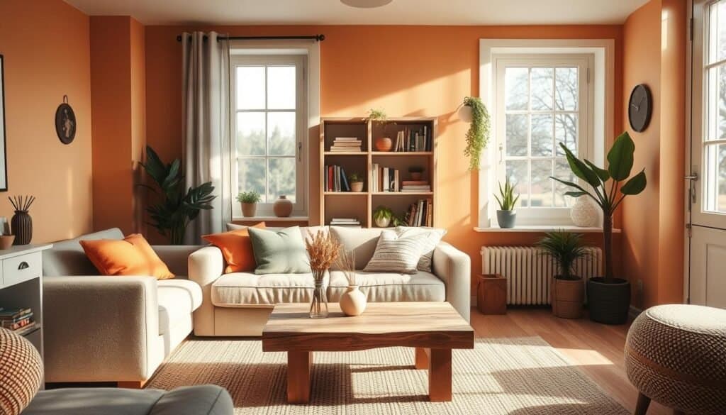 A cozy, budget-friendly small living room that balances warmth and simplicity. In the foreground, a modest, well-appointed seating area features a soft, neutral-colored sofa adorned with colorful throw pillows. A small, rustic coffee table sits in front, topped with a simple vase of dried flowers. The middle layer reveals a light wooden bookshelf filled with books and plants, while an inviting area rug adds texture to the space. In the background, large windows allow for bright natural light to flood the room, casting soft sunlight onto the walls painted in warm, earthy tones. The atmosphere is serene and welcoming, encouraging relaxation and connection without feeling cluttered. This space is designed to embody comfort and functionality in a small footprint, perfect for shared living.